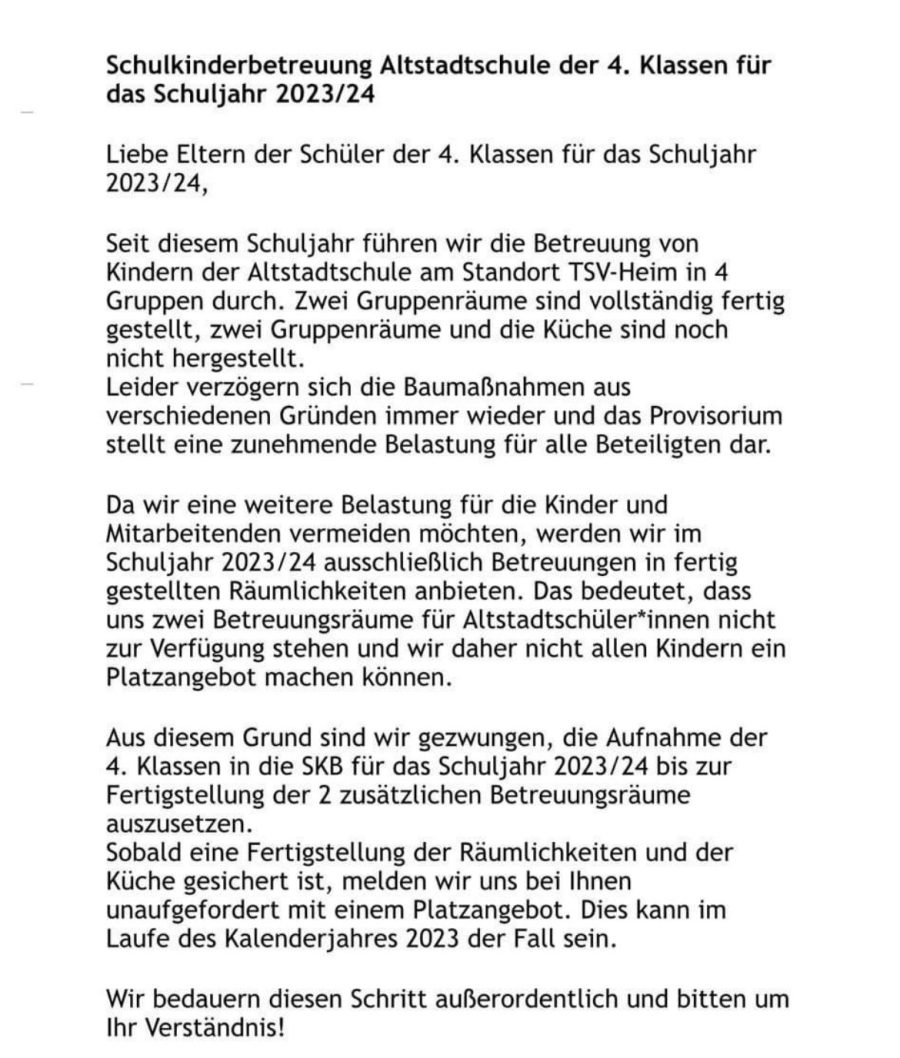 Schreiben der Stadt Wedel an betroffene Familien